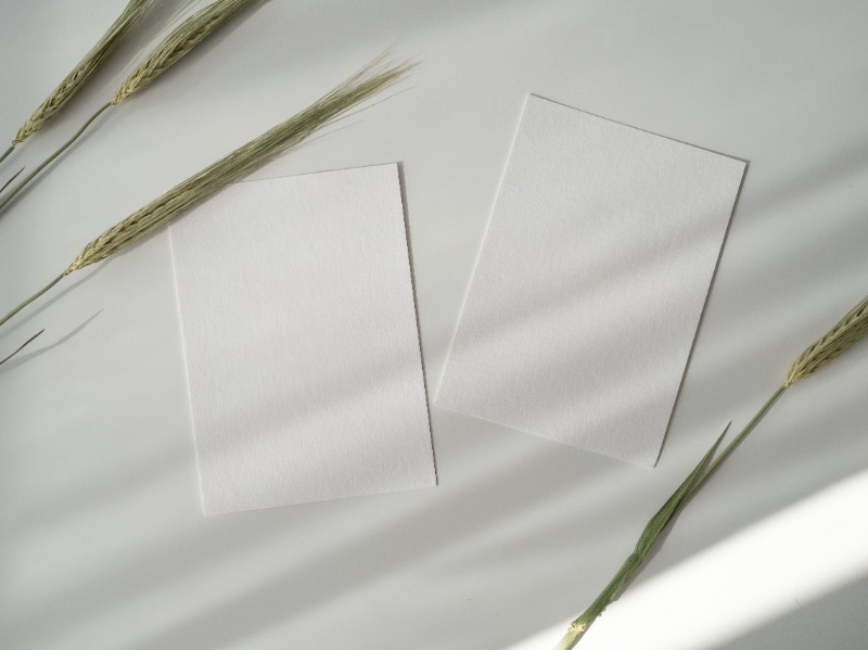 Two white sheets of paper with stalks of grain lying nearby